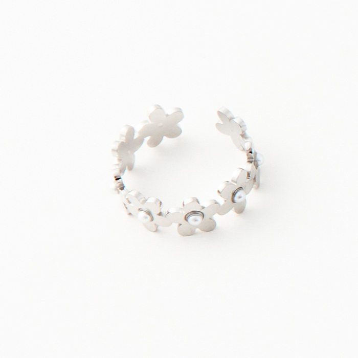 Elegant Heart Shape Eye Flower Stainless Steel Artificial Pearls Zircon Open Ring In Bulk