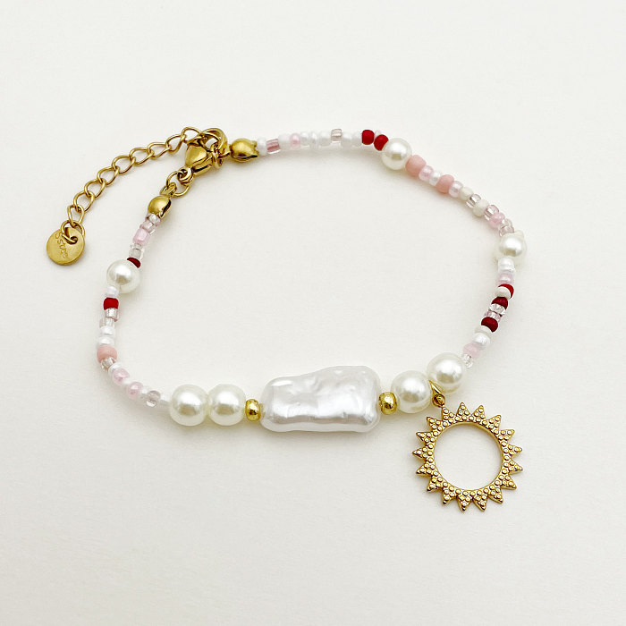 Style Vintage Style romain soleil acier inoxydable Imitation perle perlée plaqué or Bracelets collier