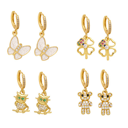 1 Pair Cute Fashion Four Leaf Clover Bear Butterfly Plating Inlay Copper Zircon 18K Gold Plated Drop Earrings