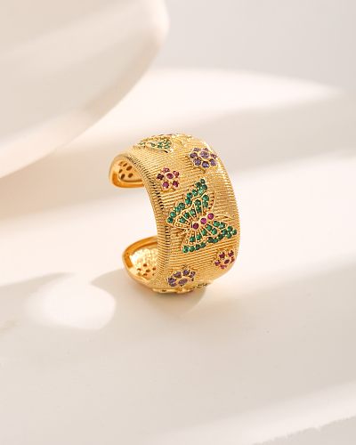 Estilo francês comute flor borboleta cobre chapeamento inlay zircon 18K anéis abertos banhados a ouro