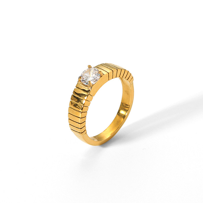 Círculo retrô de aço inoxidável, revestimento de polimento, strass, anéis banhados a ouro 18K