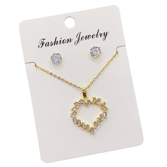 Ensemble de 2 pièces en forme de cœur doux, plaqué cuivre, Zircon plaqué or, boucles d'oreilles et collier pour femmes