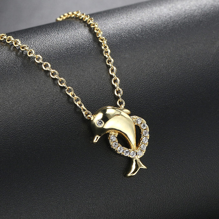 Cute Dolphin Copper Zircon Pendant Necklace In Bulk