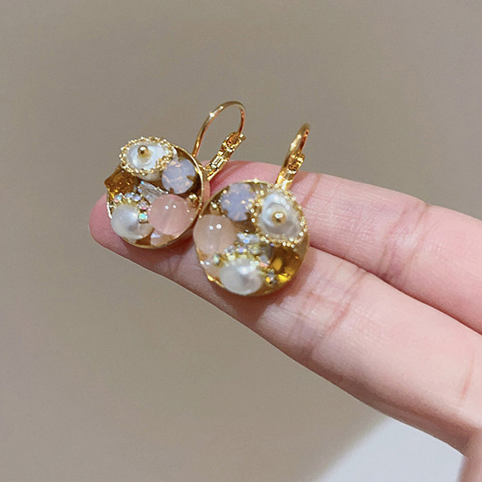 Boucles d'oreilles en forme de cœur, 1 paire, incrustation de placage de fleurs en cuivre, cristal artificiel, clous d'oreilles