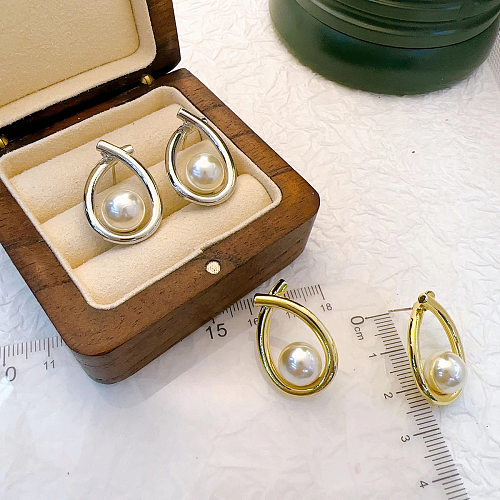 1 Pair Retro Roman Style Geometric Imitation Pearl Copper Ear Studs
