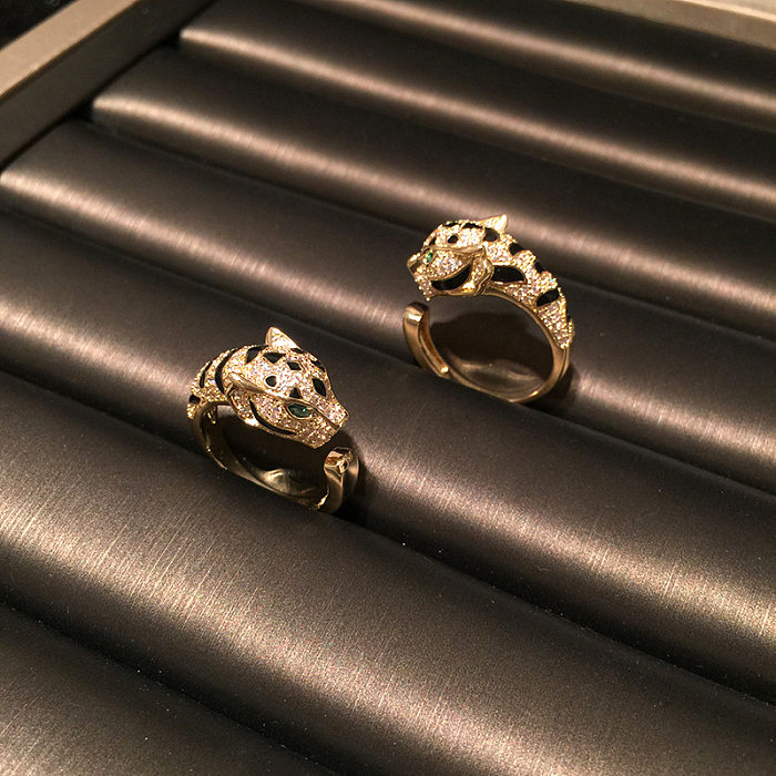 Leopard Head Ring Domineering Creative Trendy Light Luxury Micro-set Zircon Green Eyes Index Finger Ring Opening Wholesale