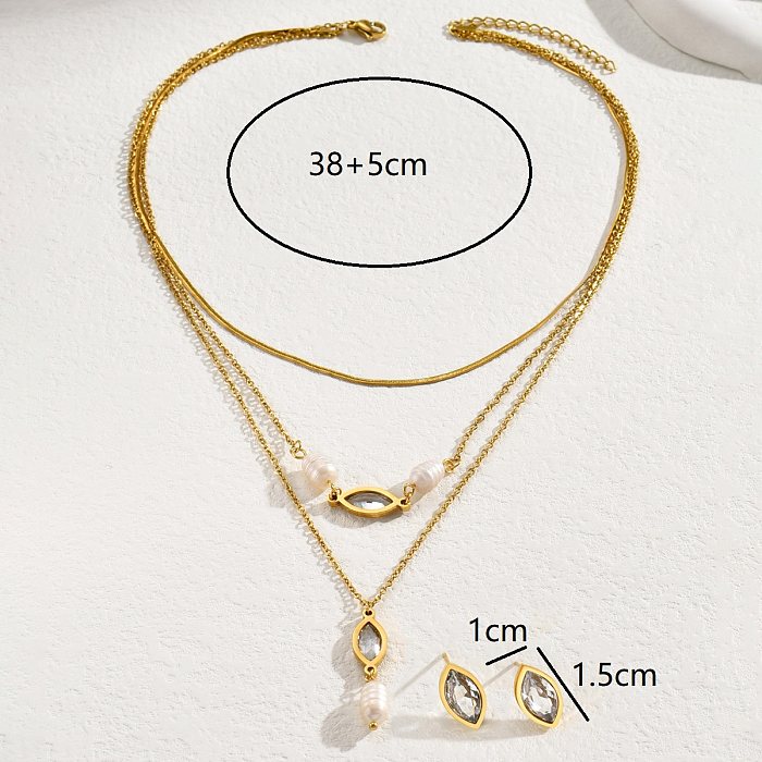 Elegant Simple Style Horse Eye Stainless Steel Freshwater Pearl Layered Plating Inlay Zircon 18K Gold Plated Jewelry Set