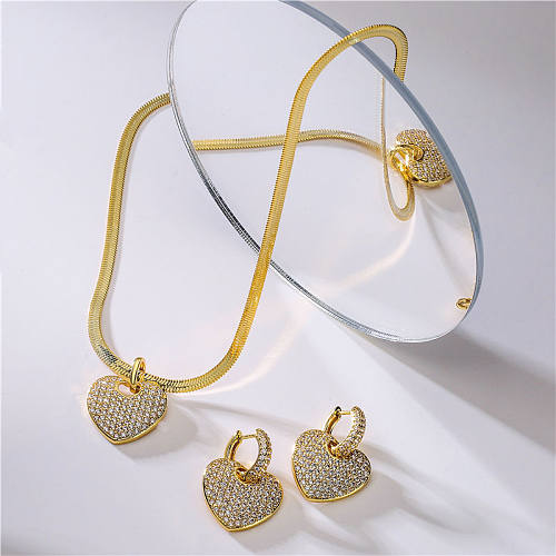 Ensemble de bijoux pour femmes, 1 pièce, 1 paire, Style Simple, en forme de cœur, incrustation de cuivre en Zircon