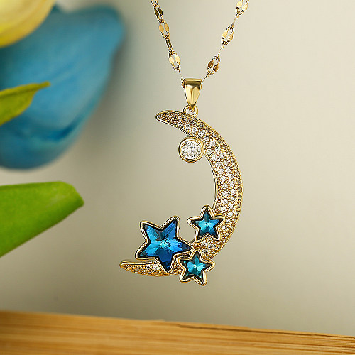Collier pendentif plaqué or 18 carats avec incrustation de cuivre en forme d'étoile et de lune de style simple