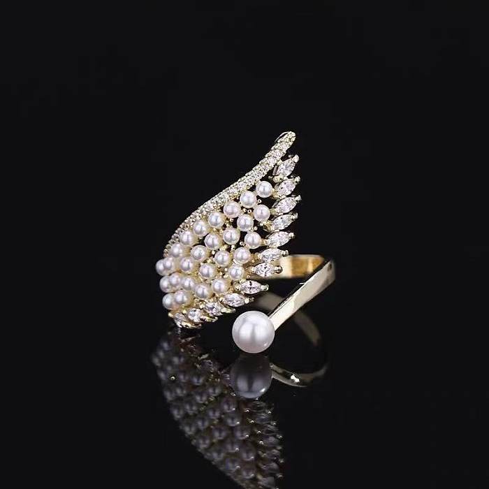 Elegant Exaggerated Wings Copper Plating Inlay Artificial Pearls Zircon 14K Gold Plated Open Ring