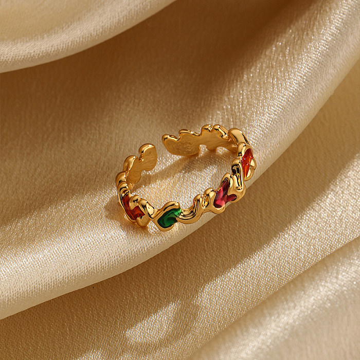 Esmalte irregular de cobre geométrico estilo vintage, anéis abertos banhados a ouro 18K