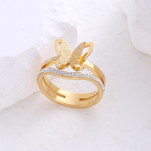 Strass embutidos de aço inoxidável borboleta estilo simples anéis banhados a ouro 24K