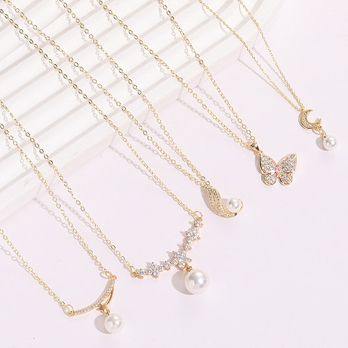 Klassischer Stil, Mond, Blume, Schmetterling, Kupfer, vergoldet, künstliche Perlen, Zirkon-Anhänger-Halskette, 1 Stück