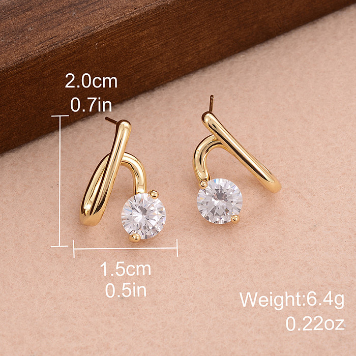 1 Pair Simple Style Lines Plating Inlay Copper Zircon Gold Plated Ear Studs