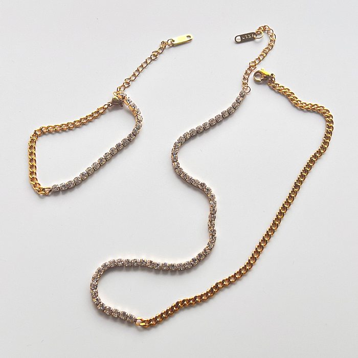 Elegant Solid Color Stainless Steel Patchwork Zircon 18K Gold Plated Bracelets Necklace