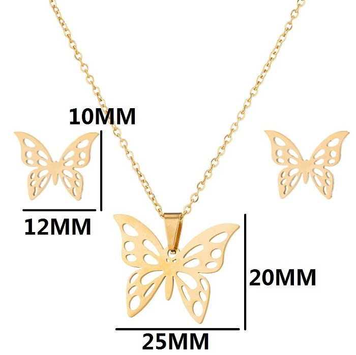 1 ensemble de boucles d'oreilles et collier papillon plaqués en acier inoxydable, à la mode