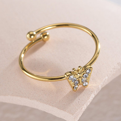 Estilo simples estilo clássico borboleta chapeamento de aço inoxidável strass incrustados banhados a ouro 14K anéis abertos