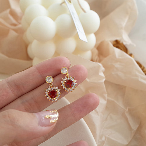 1 par romântico coração forma incrustação de cobre pedras preciosas artificiais brincos