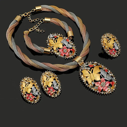 Elegantes Blumen-Schmuckset aus Edelstahl mit Kupferbeschichtung, Kupfer-Zirkon-Intarsien, 18 Karat vergoldet