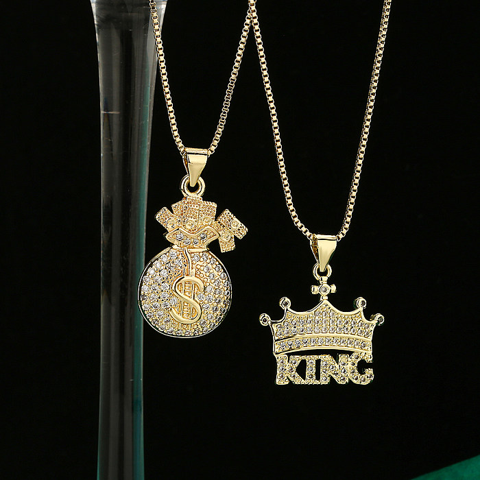 Hip-Hop Punk Crown Dollar Copper Plating Inlay Zircon 18K Gold Plated Pendant Necklace