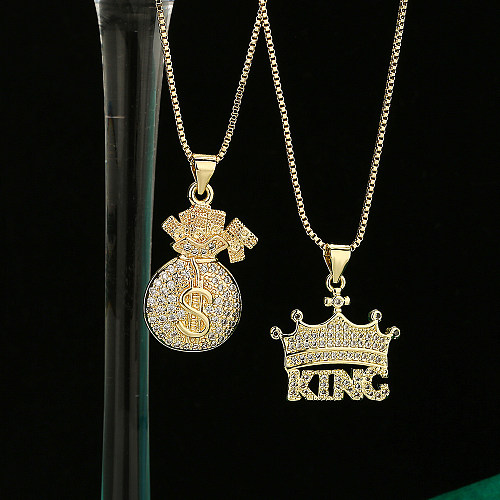 Hip-Hop Punk Couronne Dollar Cuivre Incrustation Zircon Plaqué Or 18 Carats Pendentif Collier