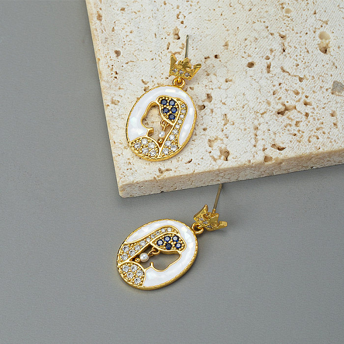 Pendientes colgantes chapados en oro de 1K con incrustaciones de cobre, retrato elegante y Glam, perlas artificiales de cobre, circón, chapado en oro de 18K, XNUMX par