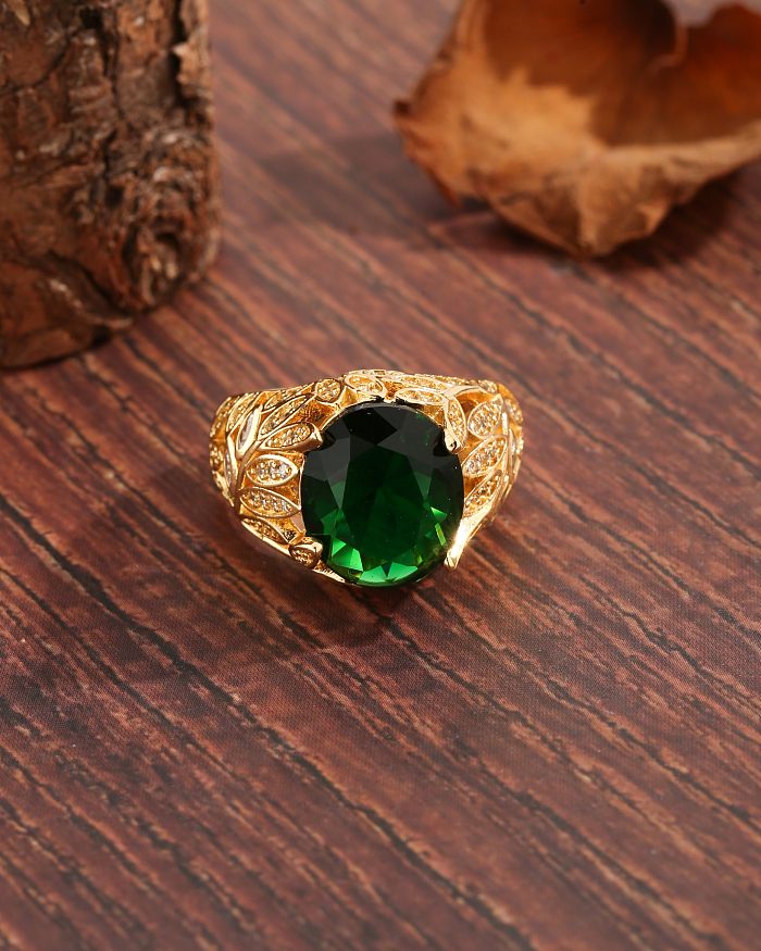 Vintage Style Exaggerated Luxurious Leaves Oval Copper Plating Hollow Out Inlay Zircon 18K Gold Plated Open Rings
