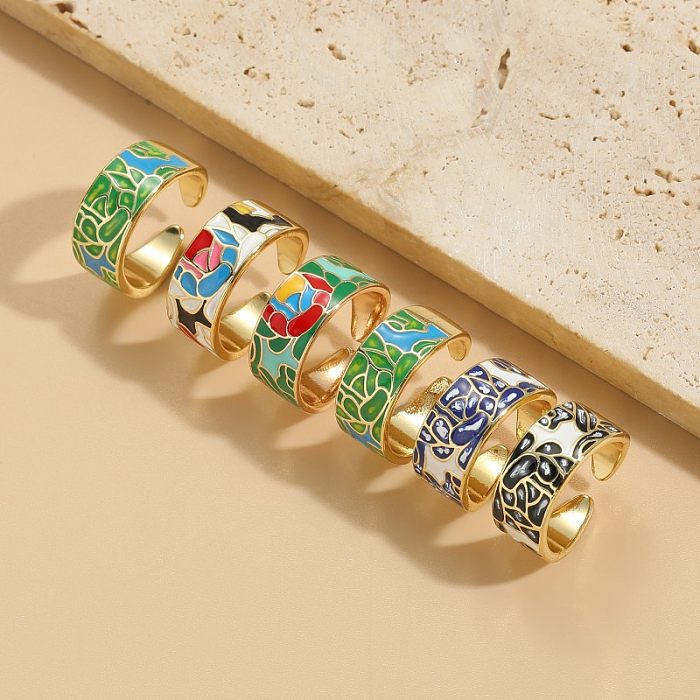 Simple Style Classic Style Totem Copper Asymmetrical Enamel Plating 14K Gold Plated Open Rings