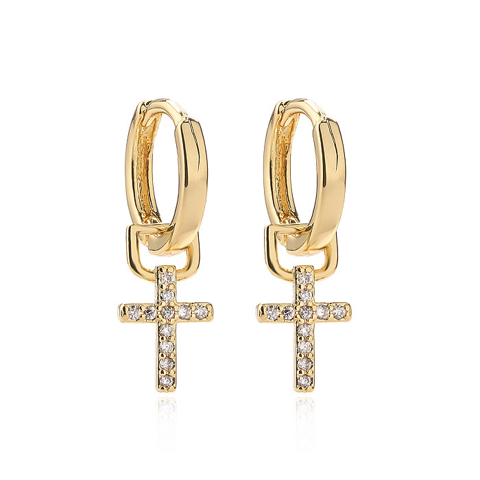 1 Pair Vintage Style Simple Style Cross Plating Inlay Copper Zircon 18K Gold Plated Drop Earrings