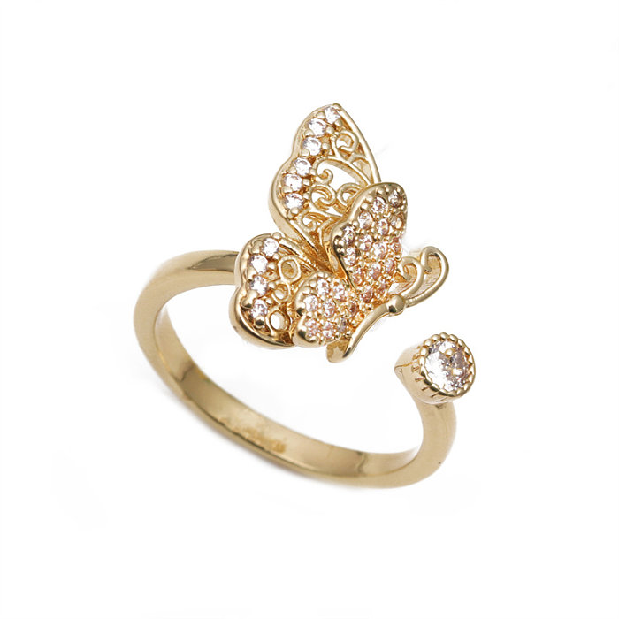 Luxurious Butterfly Copper Plating Inlay Zircon Gold Plated Open Rings