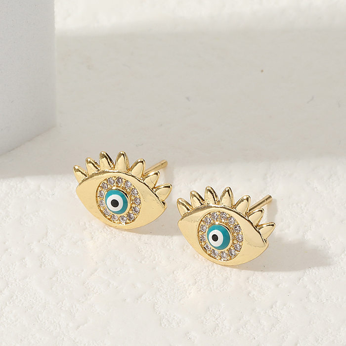 Retro Geometric Devil'S Eye Copper Ear Studs Inlay Zircon Copper Earrings