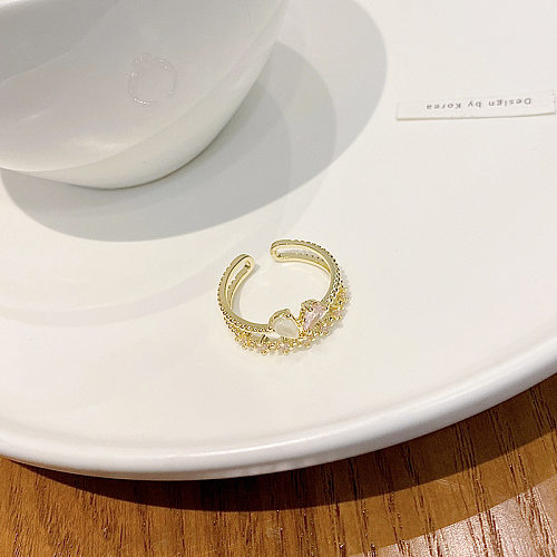 Fashion Heart Shape Copper Plating Inlay Zircon Open Ring 1 Piece