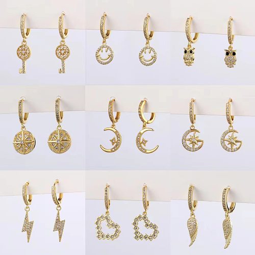 1 Pair IG Style Heart Shape Smiley Face Flower Plating Hollow Out Inlay Copper Zircon Drop Earrings