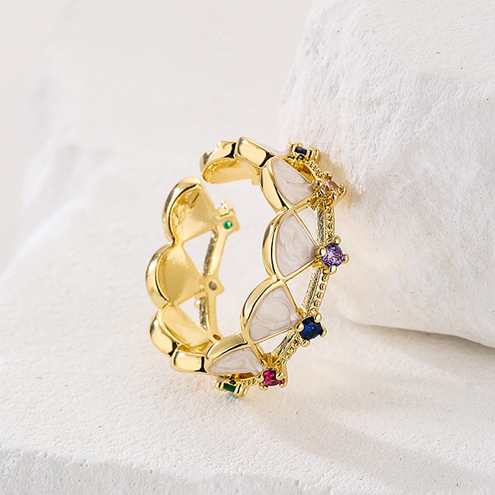 Anel aberto de cobre de folha de moda anéis de cobre de zircão banhados a ouro