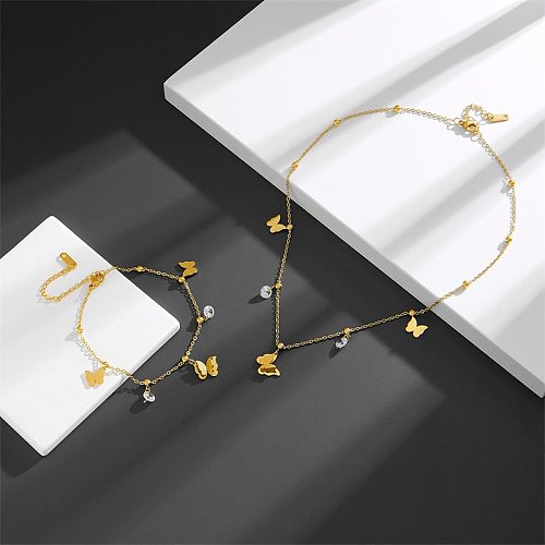 Elegant Butterfly Titanium Steel Plating Inlay Zircon 18K Gold Plated Bracelets Necklace