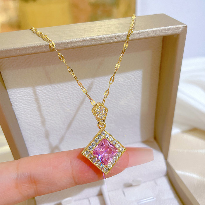 Fashion Rhombus Stainless Steel Copper Plating Inlay Zircon Pendant Necklace 1 Piece