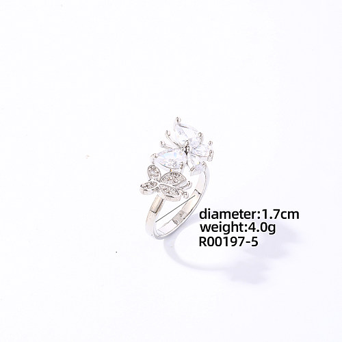 Casual Butterfly Copper Plating Inlay Zircon White Gold Plated Open Rings