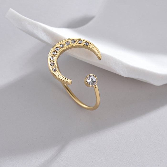 Casual Simple Style Moon Stainless Steel 14K Gold Plated Zircon Open Rings In Bulk