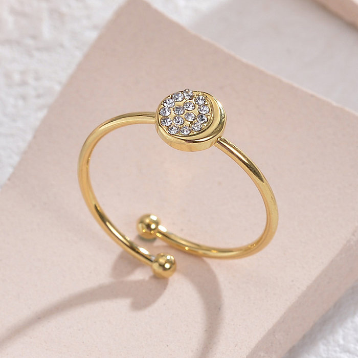 Estilo simples estilo clássico redondo chapeamento de aço inoxidável embutimento zircão 14K anéis abertos banhados a ouro