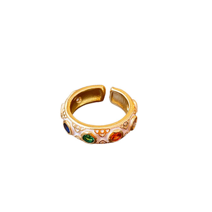 Anéis de zircão com incrustação de esmalte de cobre e flor oval estilo vintage