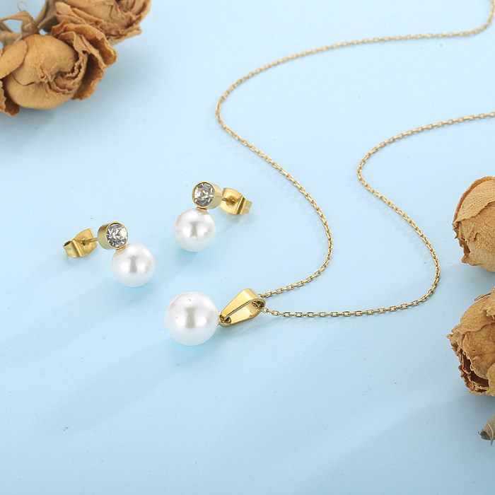 Mode geometrische Titan Stahl Inlay künstliche Perlen Strass Damen Ohrringe Halskette