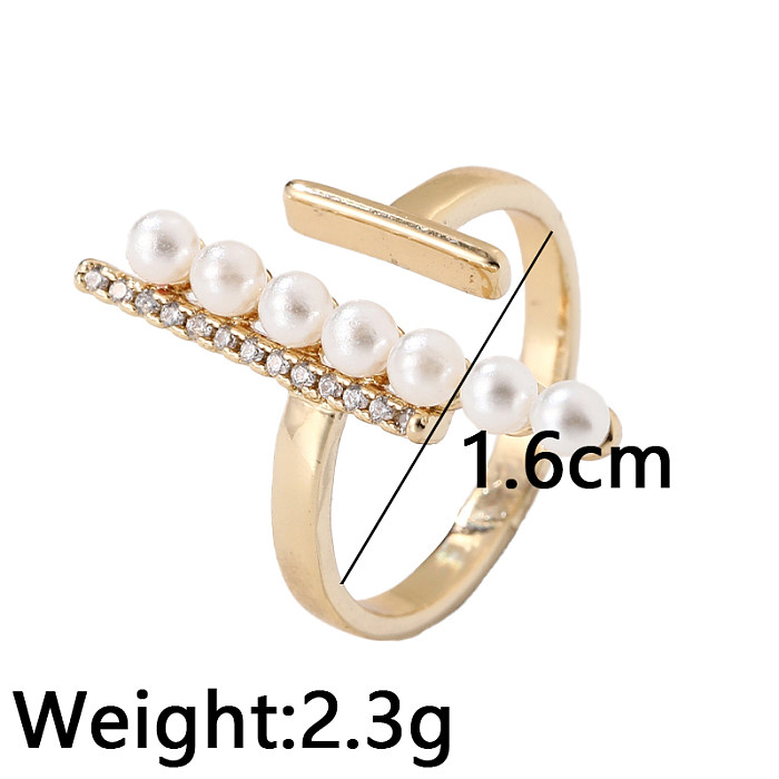 Elegant Lady Geometric Copper Inlay Pearl Zircon Open Rings