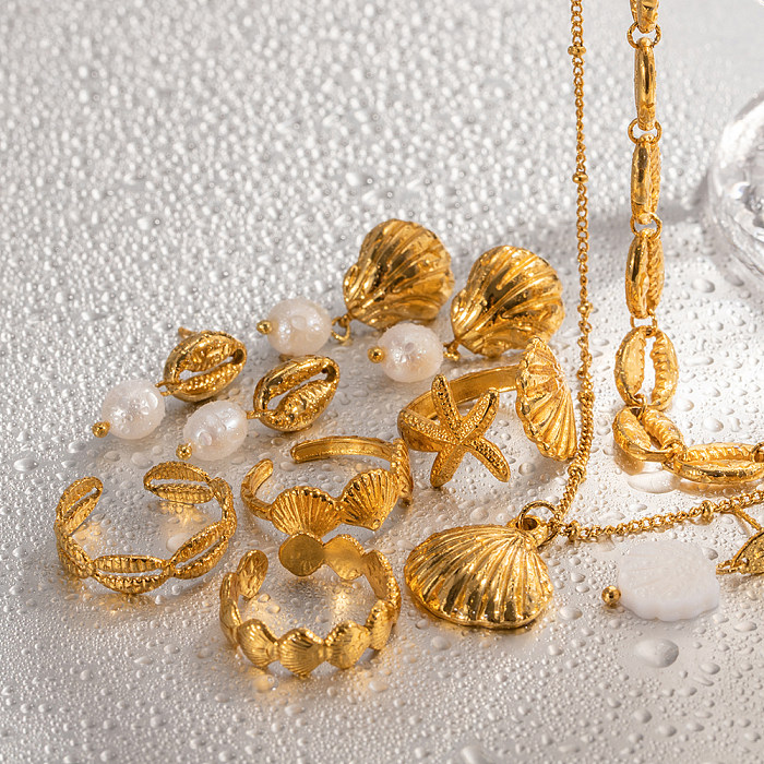 Ig estilo praia estrela do mar concha de aço inoxidável imitação de pérola banhada a ouro 18k anéis brincos colar