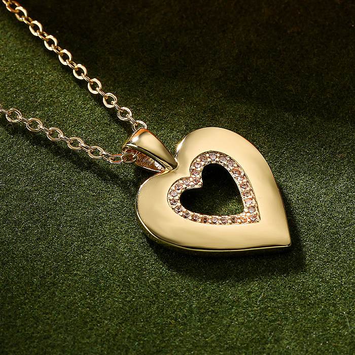 1 Piece Fashion Heart Shape Copper Plating Hollow Out Inlay Pearl Zircon Pendant Necklace