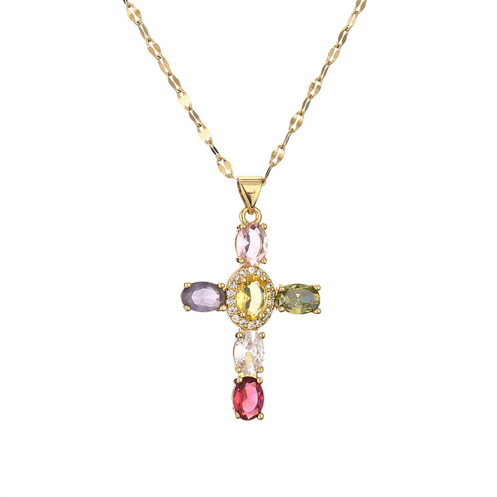 1 Piece Retro Cross Copper Plating Inlay Zircon Pendant Necklace