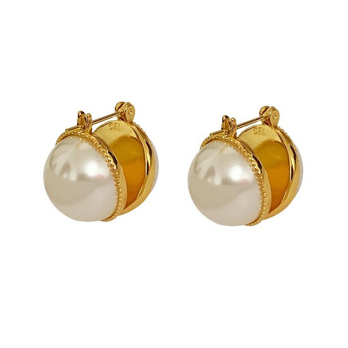 Retro Round Copper Ear Studs Plating Inlay Pearl Copper Earrings