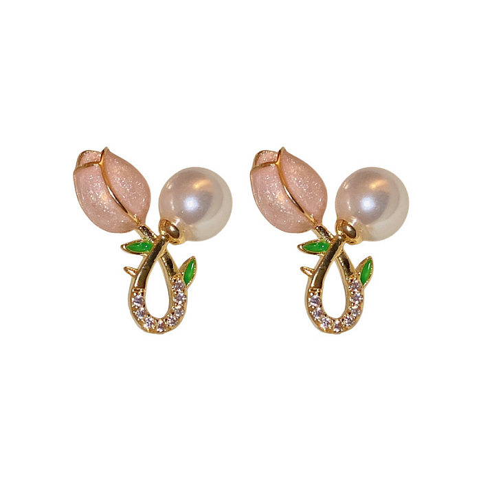 1 Pair Sweet Flower Copper Inlay Rhinestones Drop Earrings