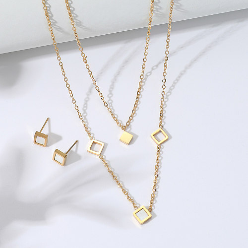 Modisches, quadratisches, doppellagiges Halsketten- und Ohrring-Set aus Edelstahl mit 18-Karat-Vergoldung