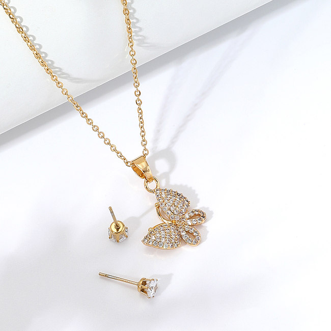 Stainless Steel Inlaid Zircon Electroplating 18K Gold Butterfly Necklace Earrings Set