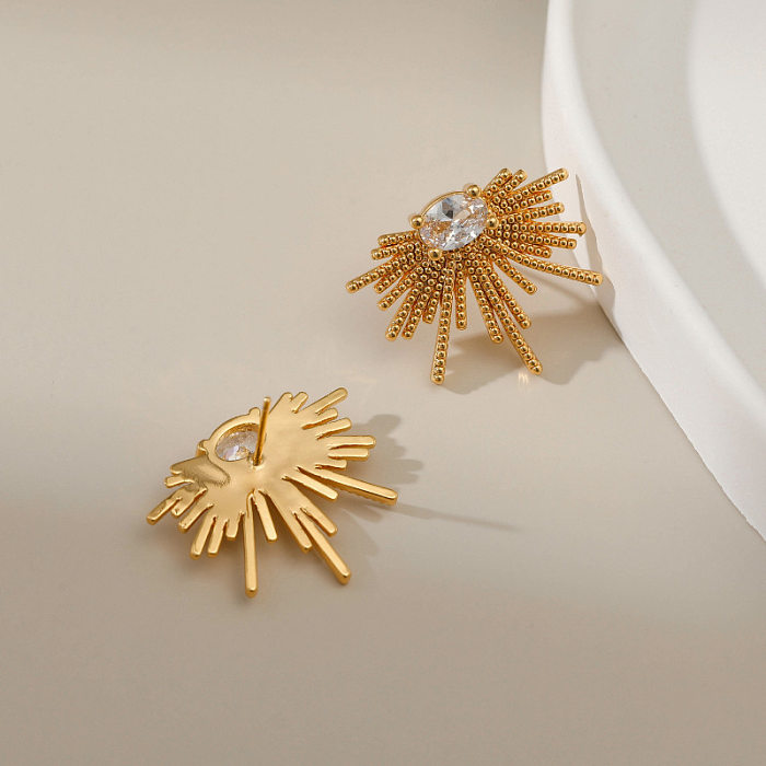 Fashionable White Zircon Stud Earrings Fireworks Design Copper Plating 18K Real Gold Creative Small Design Earrings Foreign Trade Accessories For Women